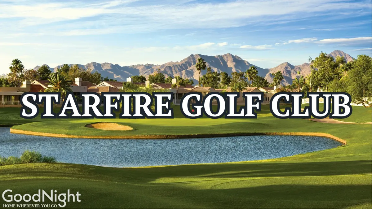 A sweeping view of a lush golf course bordered by a tranquil lake, with palm trees and a clubhouse in the background. Mountains rise in the distance, creating a dramatic backdrop. The scene captures both the recreational and scenic beauty of the area.